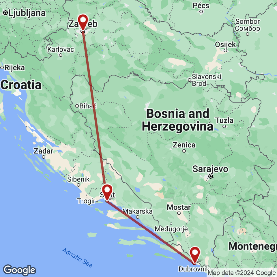 Route for Zagreb, Split, Dubrovnik tour